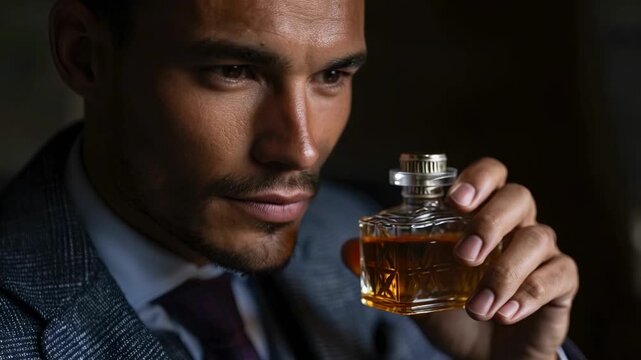 A man in a suit jacket and tie inspects a small decorative bottle filled with amber liquid holding it near his face in a dimly lit setting