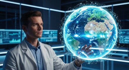 Scientist Manipulating Digital Earth Hologram Displaying Worldwide Network
