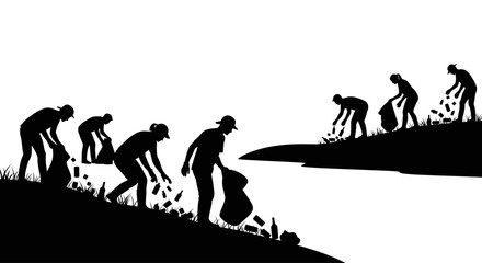 Eco-Friendly Endeavor: A silhouette captures volunteers meticulously collecting litter, symbolizing their dedication to a cleaner environment. Their collaborative effort demonstrates community spirit.