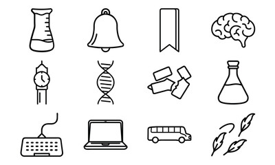 Education and science outline icon set with brain, DNA, laboratory flask, laptop, stopwatch, school bus, quill pen, and bell symbol isolated on white background