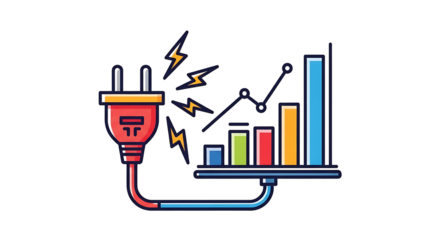 Conceptual illustration of a power plug connected to a rising bar graph symbolizing energy growth business success and financial performance
