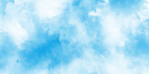 Design and Illustration blue sky watercolor background, bright blue sky Water color background, adorned with fluffy white clouds, abstract blue classic background with aged paint effect and minimal,