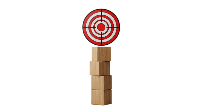 A vertical composition featuring a dartboard target at the top of a stack of wooden blocks against a stark black background
