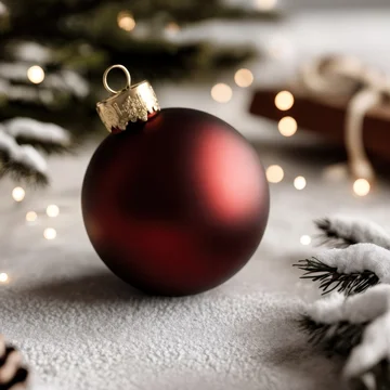 Festive glass bauble on snow surrounded by twinkling holiday decor