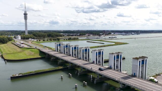 Lelystad, Flevoland, the Netherlands -1st of October 2025:  The Houtrib Locks and the N307 in Lelystad from the air