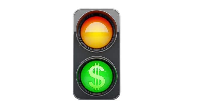 A conceptual image of a traffic light with the green light displaying a dollar sign symbolizing financial success and go ahead signals for business growth