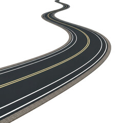 Winding asphalt road with lane markings leading into the distance on white