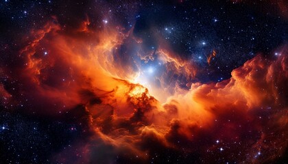 Fototapeta premium a bright cosmic nebula with glowing clouds and stars in rich shades of orange and red useful for designing scientific articles about space and science fiction projects