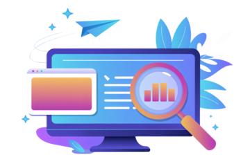 Modern data analysis concept with magnifying glass on screen displaying charts, website, and paper airplane in creative design