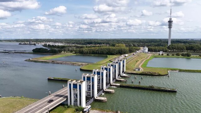 Lelystad, Flevoland, the Netherlands -1st of October 2025:  The Houtrib Locks and the N307 in Lelystad from the air