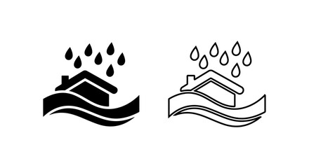 Flood damage icon showing house and rain with water waves