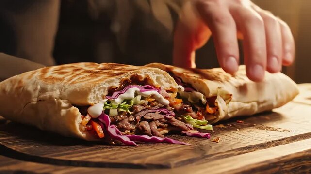 Delicious Doner Kebab Being Sliced on a Wooden Board.