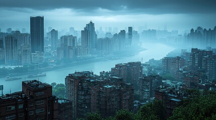 Misty, rain-swept cityscape with river, boats, and dense buildings
