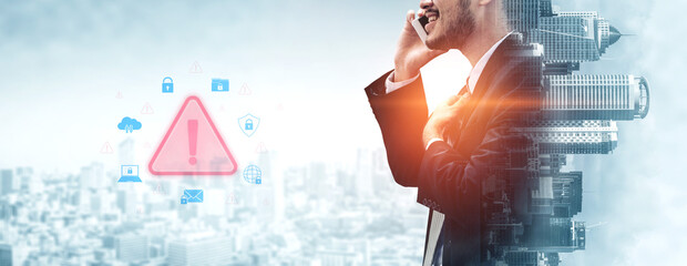 Cybersecurity threat alert protects data. Cyber security threat alert prevents access, alert warns...