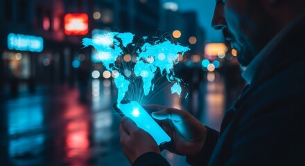 Worldwide Connection Via Mobile Hologram Displayed On Urban Setting