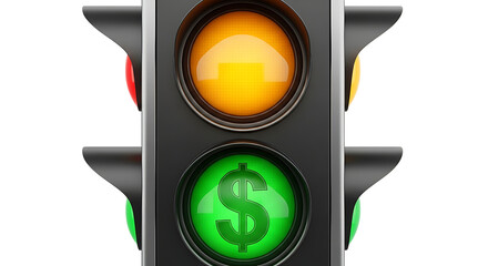 Traffic light with a glowing green dollar sign illuminated in the bottom signal representing financial opportunity investment and economic growth