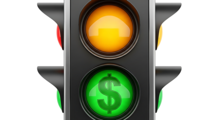 Traffic light with a glowing green dollar sign illuminated in the bottom signal representing financial opportunity investment and economic growth