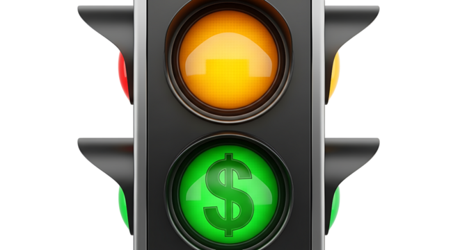 Traffic light with a glowing green dollar sign illuminated in the bottom signal representing financial opportunity investment and economic growth