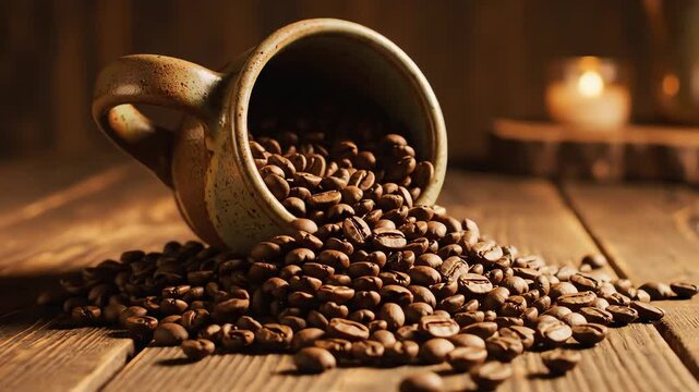 Roasted Coffee Beans Spilling From A Ceramic Mug On A Wooden Table.