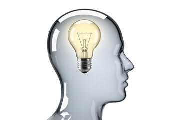 Innovative lightbulb idea illuminating inside a transparent human head, representing thought, creativity and inspiration for business and technology solutions