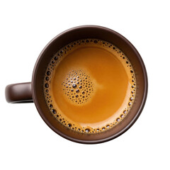 Aromatic hot coffee with creamy froth in a ceramic mug top view