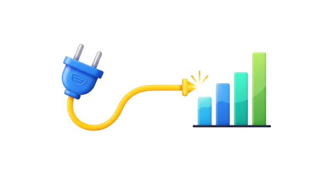 Blue electrical plug connected by a yellow cable to a rising bar graph representing growth and positive financial performance