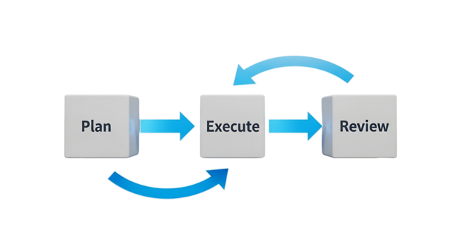 Visual representation of a business process flow showing the interconnected stages of planning execution and review with cyclical arrows