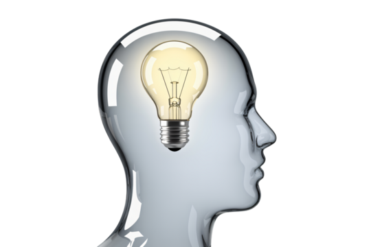 Innovative lightbulb idea illuminating inside a transparent human head, representing thought, creativity and inspiration for business and technology solutions