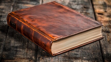 Obraz premium Old leather-bound book resting on weathered wooden planks