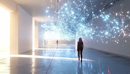 Woman walks through futuristic corridor with glowing neural network. - Powered by Adobe