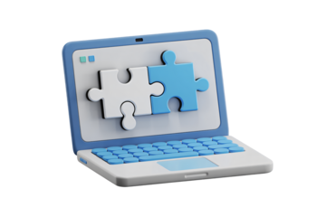 Laptop screen displaying puzzle pieces coming together, symbolizing solutions, teamwork, and problem solving in business or tech