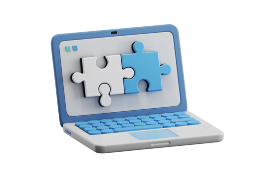 Laptop screen displaying puzzle pieces coming together, symbolizing solutions, teamwork, and problem solving in business or tech