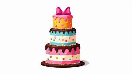 Vibrantly decorated four-tiered birthday cake with a festive bow on top for celebrations
