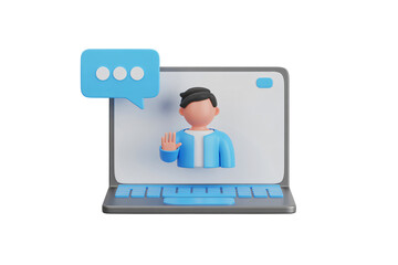 Virtual meeting with a professional offering assistance, sharing ideas, and providing support via laptop screen with speech bubble