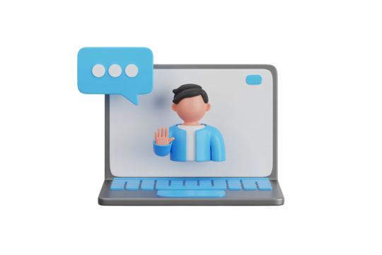 Virtual meeting with a professional offering assistance, sharing ideas, and providing support via laptop screen with speech bubble