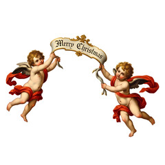 Two cherubs holding a banner that says "Merry Christmas".
