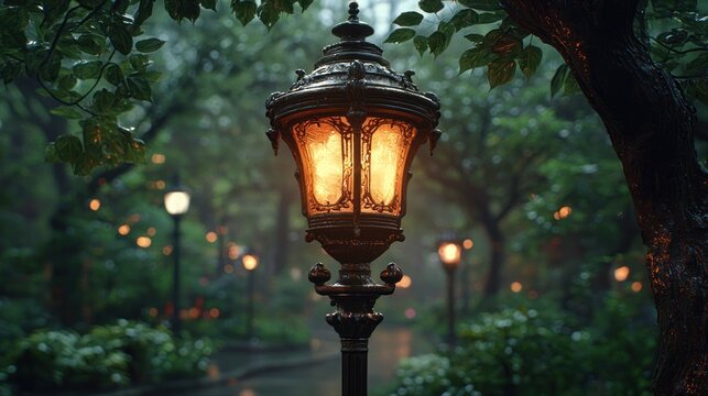 Ornate lamppost glows warmly on a misty, tree-lined park path - Powered by Adobe