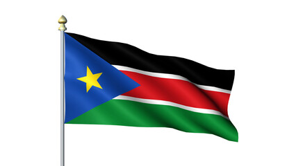 South Sudan national Waving flag with flagpole on transparent background