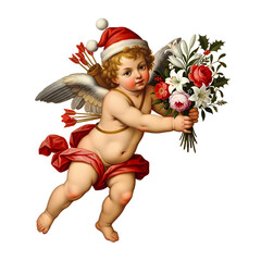 A cherubic angel figure, adorned with a Santa hat, carrying a bouquet of flowers, and holding arrows.