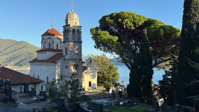 Savina Monastery, built in the 17th century, historic Serbian Orthodox monastery located near Herceg Novi on the Adriatic coast of Montenegro. , facade
