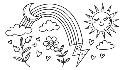 Cute Rainbow and Sunshine Doodle Coloring Page for Kids – Hand Drawn Line Art Illustration