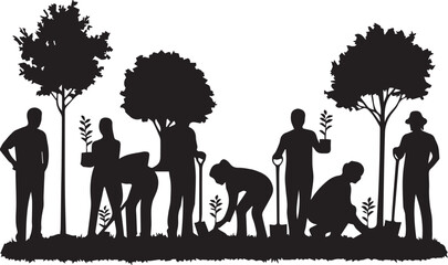 Diverse group planting trees and gardening on international volunteer day celebrating nature and community effort