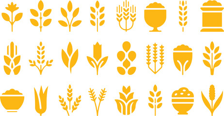 Grains Icon Set, Cereals Doodle Silhouettes, Rice Oats Corn Quinoa Barley Millet Agriculture Food Ingredients Hand Drawn Vector Illustration