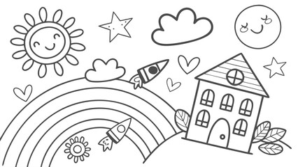 Cute Rainbow and Sunshine Doodle Coloring Page for Kids &ndash; Hand Drawn Line Art Illustration