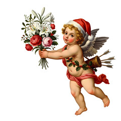 Vintage illustration of a Christmas cherub wearing a Santa hat and holding a bouquet of flowers.