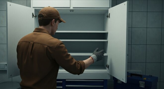 Person in work clothes opens empty cabinet in workshop