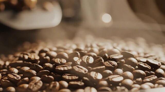 Close up of freshly roasted coffee beans with steam rising.
