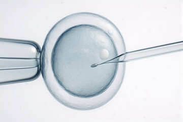 Photorealistic IVF (“In Vitro Fertilization”), newborn swaddled on bassinet with hospital wristband; soft warm clinical lighting; embryo in dish; swaddled baby on warm-lit bassinet; newborn