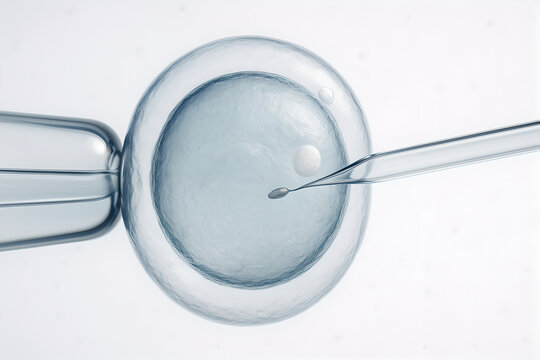 Photorealistic IVF (&ldquo;In Vitro Fertilization&rdquo;), newborn swaddled on bassinet with hospital wristband; soft warm clinical lighting; embryo in dish; swaddled baby on warm-lit bassinet; newborn