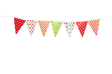 A carnival garland with multicolored flags on a white background.